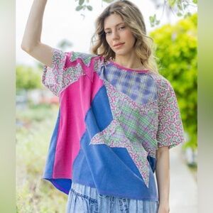 NWT Blue Velvet Oversized Top with Star Patches